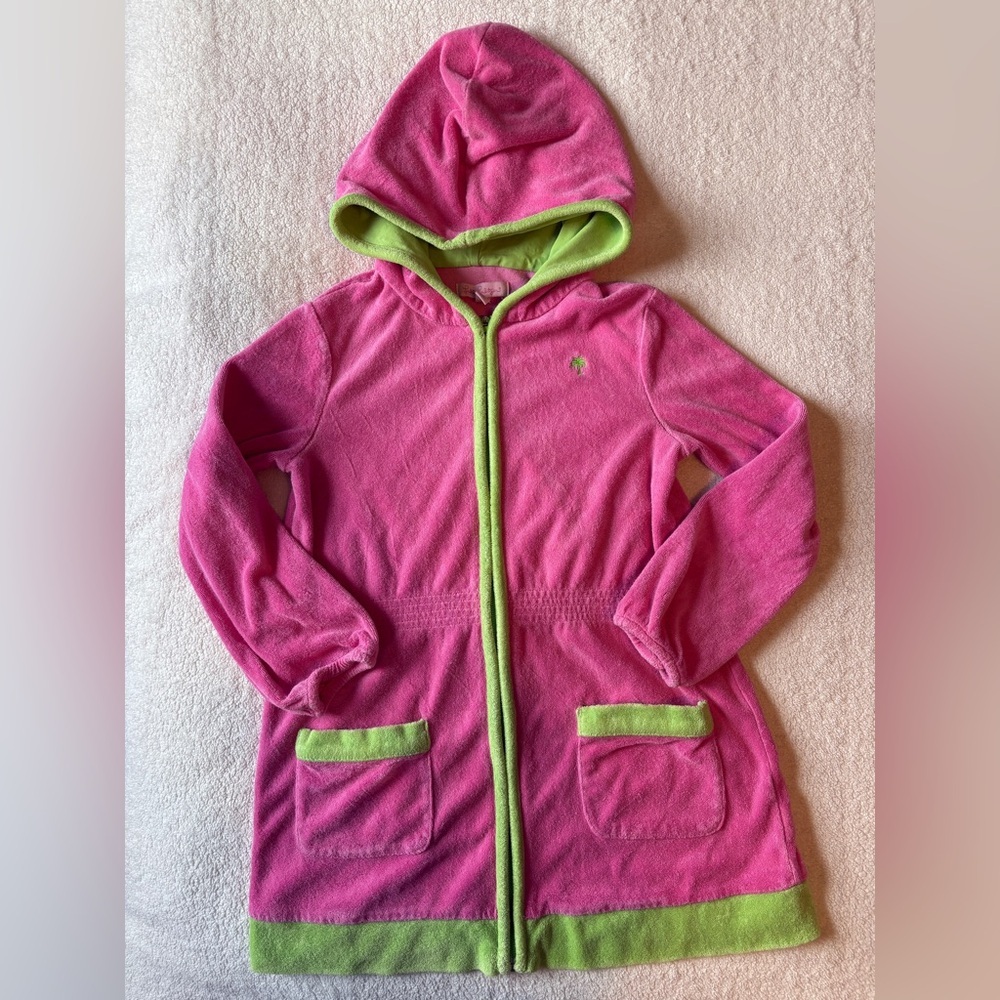 Lilly Pulitzer Terrycloth Swim Cover-Up, Hooded, Pink w Green Trim. Sz 6-7